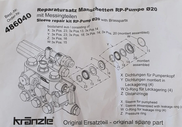 Kränzle 486040 Reparatur Satz Manschetten RP-Serie